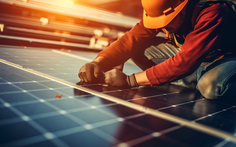 Man worker installing solar photovoltaic panels on roof, alternative energy concept Generative AI