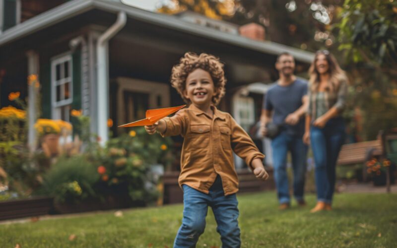 Un enfant qui joue avec un avion en papier devant une maison.