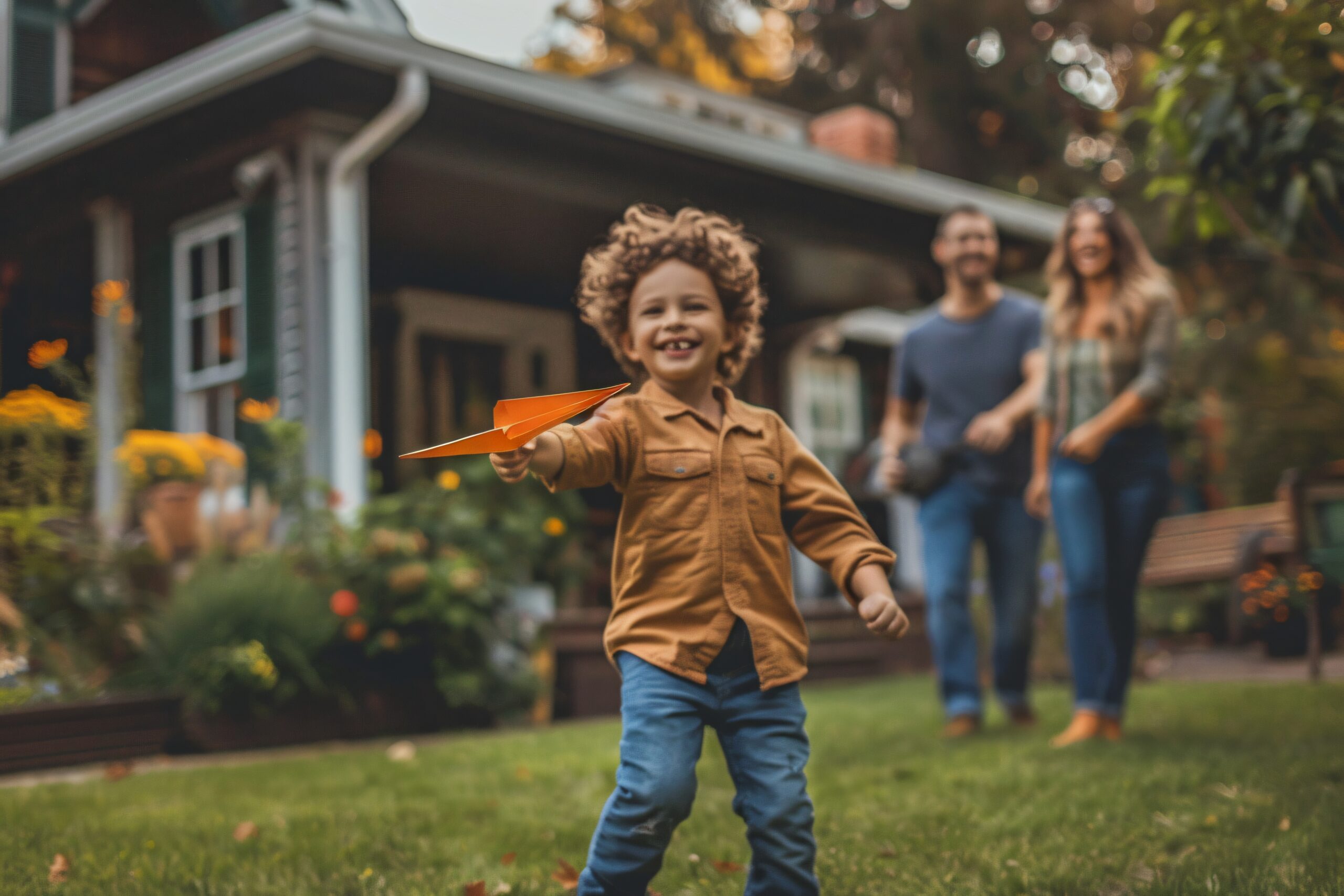 Un enfant qui joue avec un avion en papier devant une maison.